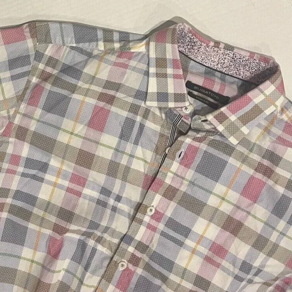 Bugatchi Men's M Button-Up Plaid Cotton Shaped Fit Short Sleeve Shirt - Picture 1 of 7